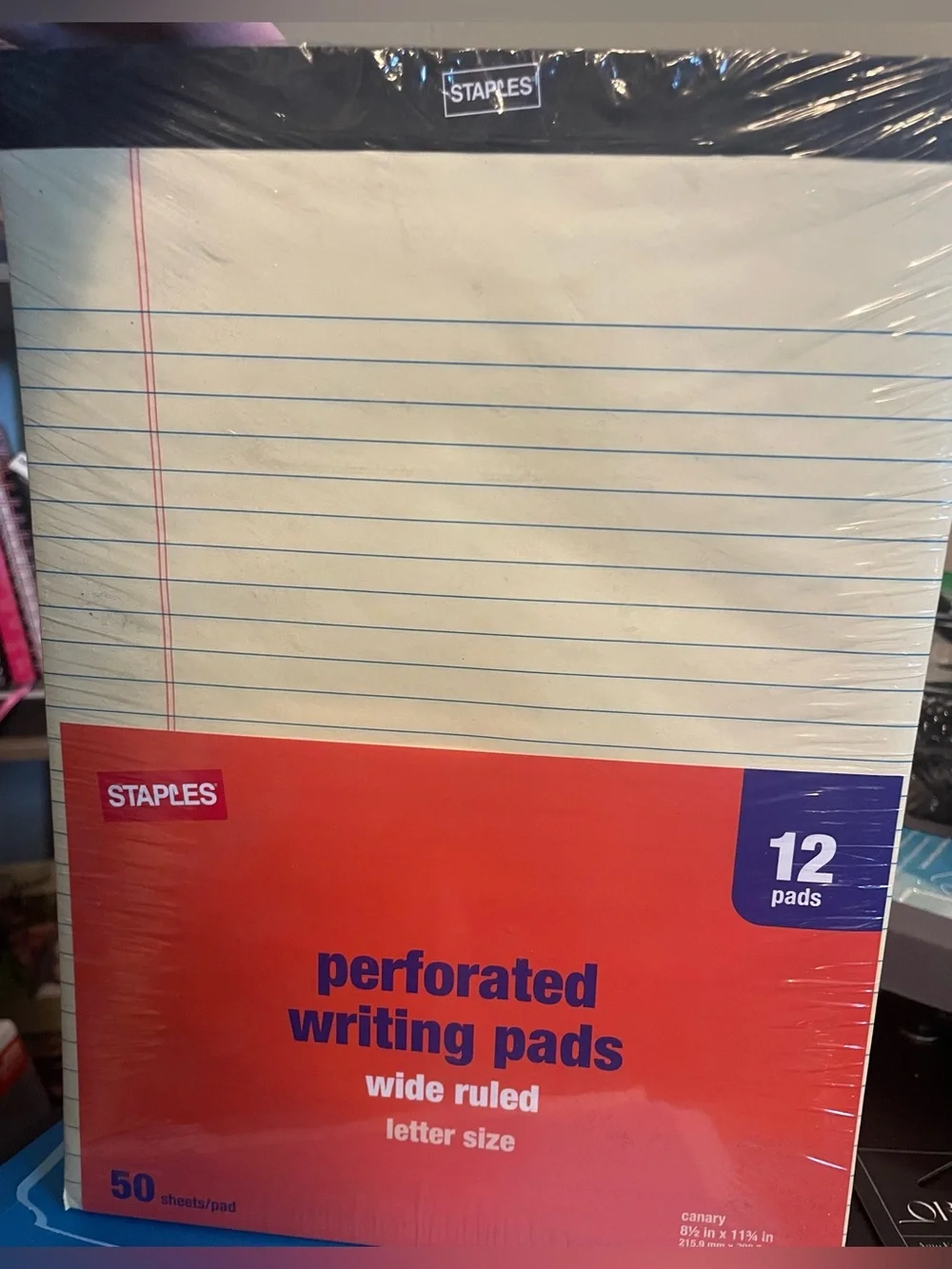 Staples writing tablets. 12 pack, 50 sheets per pack. New in plastic.